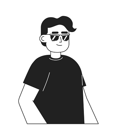 Blind man sunglasses black and white 2D cartoon character. Hispanic blind male wearing t-shirt isolated vector outline person. Indian guy with vision impairment monochromatic flat spot illustration