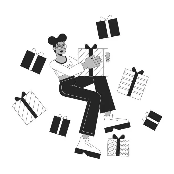 Vector illustration of African american birthday girl receiving gifts black and white 2D line cartoon character