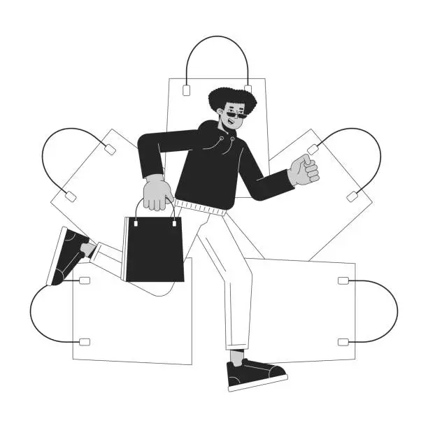 Vector illustration of Cyber monday holiday shopper black and white 2D line cartoon character