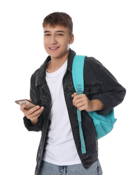 teenager mit rucksack mit smartphone auf weißem hintergrund - telephone child isolated on white elegance stock-fotos und bilder