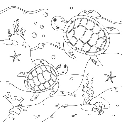 Little cute sea turtle swims underwater.
