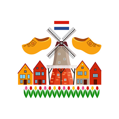 Symbols of Netherlands, tulips, houses, traditional wooden shoes and mill in graphic style. vector illustration. houses, traditional wooden shoes. Holland Travel.