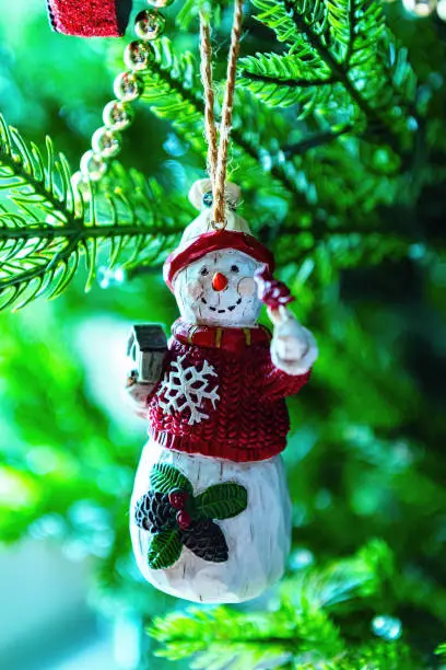 Holiday and Christmas ornaments hang from a Christmas tree