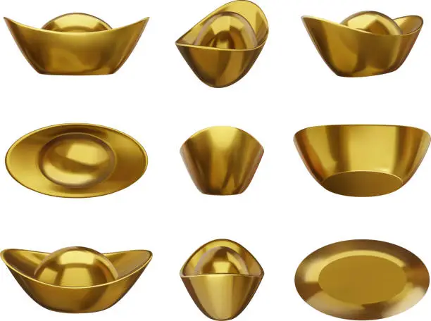 Vector illustration of set of isolated chinese ingots. gold 3d ingots. chinese new year realistic ingots