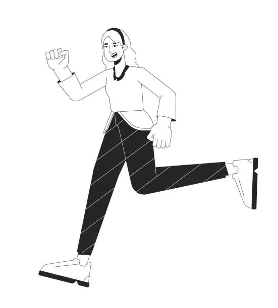 Vector illustration of Excited caucasian woman running black and white 2D line cartoon character
