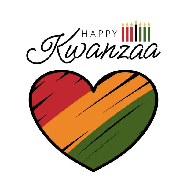 Vector illustration of Happy Kwanzaa cute greeting card with Heart symbol with hand drawn stroke, 3 stripes colors of African flag and with traditional kinara seven candles for Kwanza.