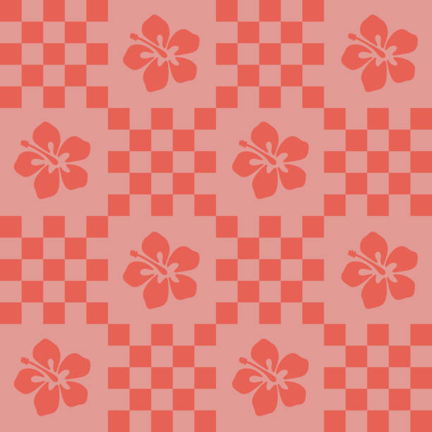 Cute y2k patchwork seamless pattern background, coral pink checkerboard and hand drawn hibiscus flower icon. Modern, trendy vector design, aesthetic print for textile, wallpaper. summer backdrop. Cute y2k patchwork seamless pattern background, coral pink checkerboard and hand drawn hibiscus flower icon. Modern, trendy vector design, aesthetic print for textile, wallpaper. summer backdrop drawing of the hawaii islands stock illustrations