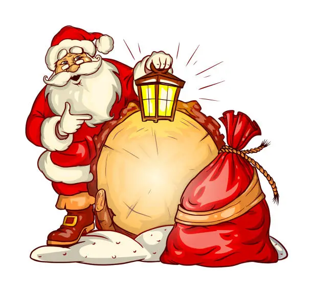 Vector illustration of Santa Claus with lantern and sack of gifts. Vector.