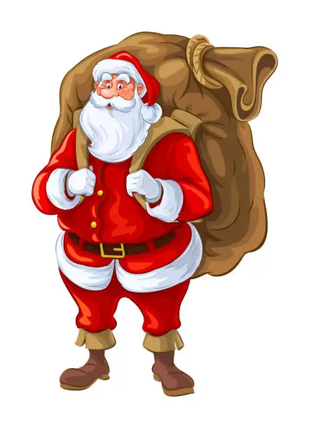 Vector illustration of Santa claus with big sack of gifts. Isolated on white. Vector.