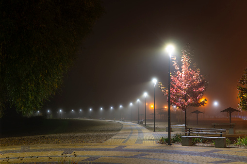 Autumn city alley in the evening in the fog. The light from the lanterns illuminates the path