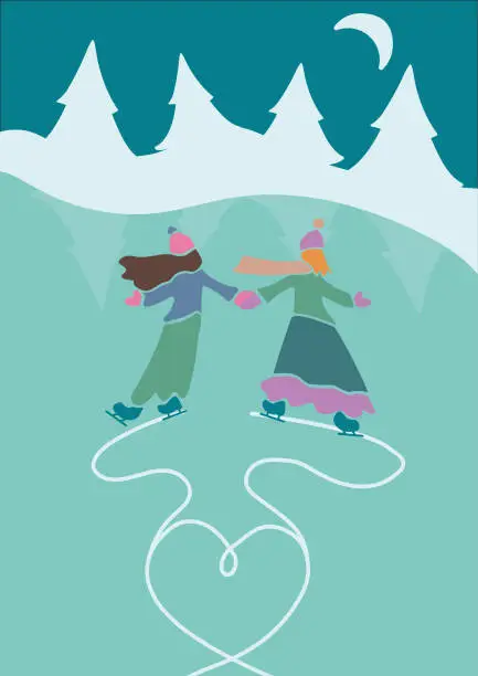 Vector illustration of lesbian couple ice skating in a frozen lake