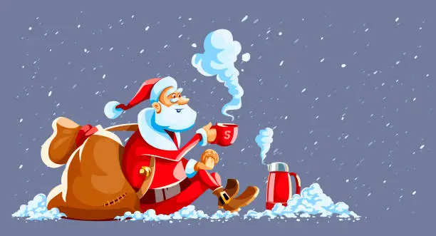 Vector illustration of Christmas holiday Santa Claus sit on snow. Vector.