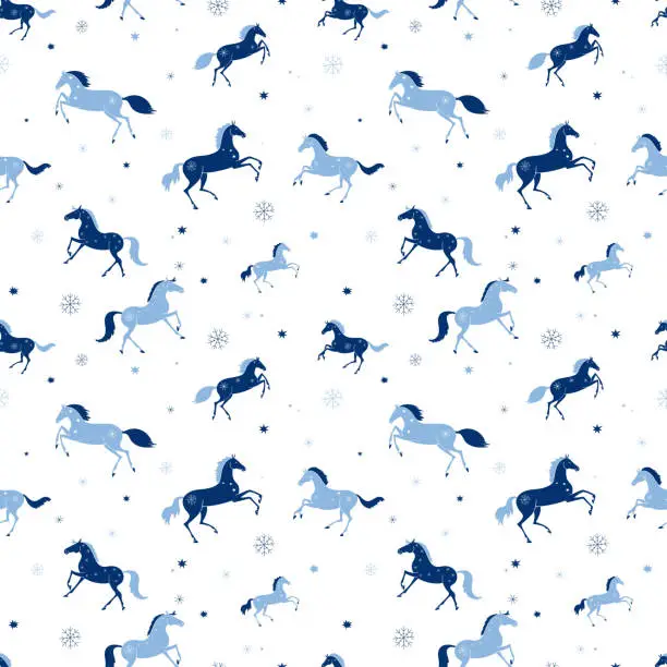 Vector illustration of Stylized horses galloping in the snow, seamless vector pattern