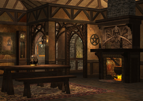 3D rendered dwarf cottage with fireplace on evening