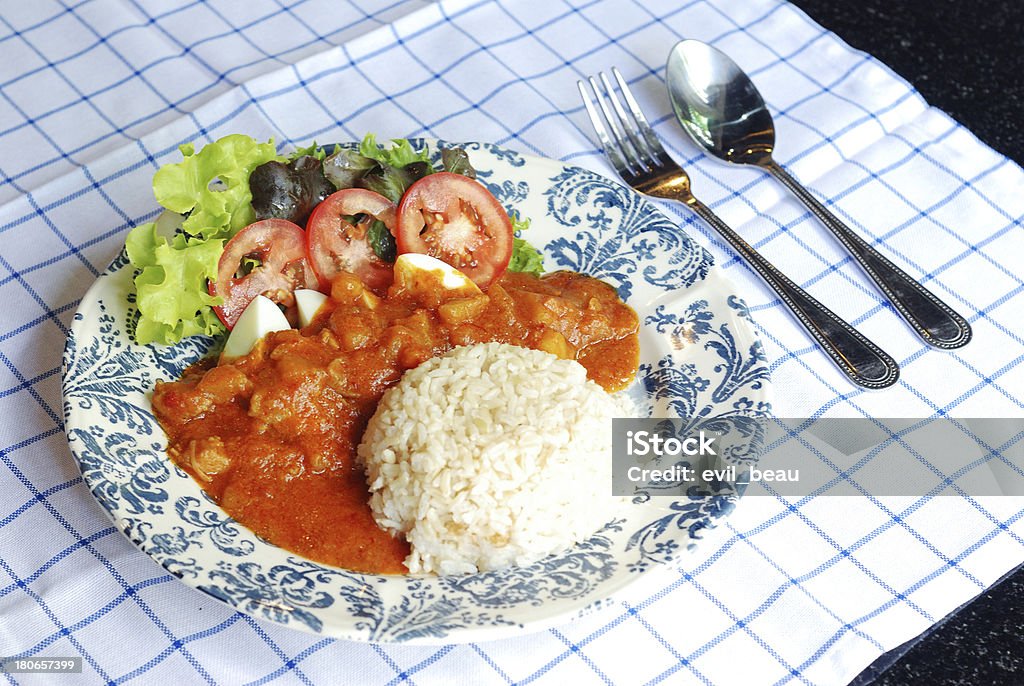 rice chicken curry close up Indian chicken curry with rice serves with fresh boiled egg, fresh tomatoes and lettuce Asia Stock Photo