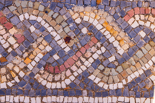 Uthina, Ben Arous, Tunisia. Roman mosaic floor with a geometric pattern at the Uthina Archaeological Site.