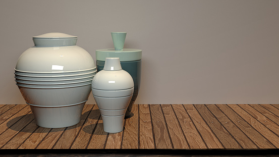 Ancient decorative ceramic vase in the form of a rustic clay pottery jug, 3d rendering high quality image.