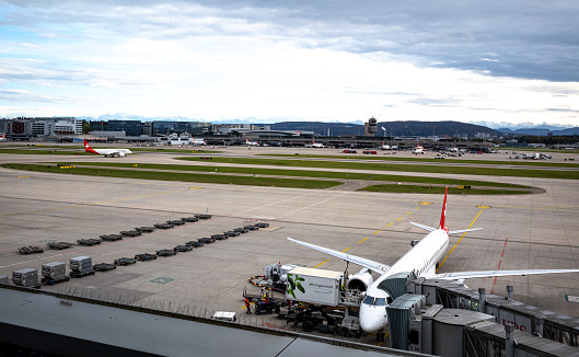 Various views of Zurich International Airport which is the largest international airport of Switzerland and serves as the hub of Swiss International Air Lines.