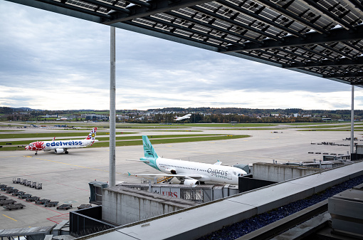 Various views of Zurich International Airport which is the largest international airport of Switzerland and serves as the hub of Swiss International Air Lines.