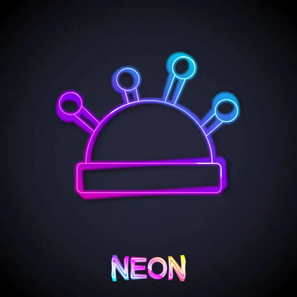 Vector illustration of Glowing neon line Needle bed and needles icon isolated on black background. Handmade and sewing theme. Vector