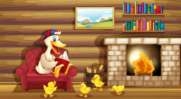 duck and her ducklings near the fireplace duck and her ducklings near the fireplace thick chicks stock illustrations