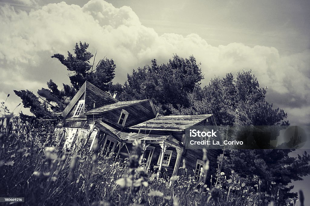 Fallen auf alten Bauernhof Haus in gelbe Blume Feld - Lizenzfrei Abbrechen Stock-Foto