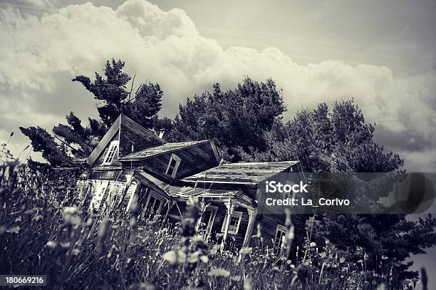 Foto de Caindo Na Antiga Casa De Fazenda Em Campo De Flores Amarelas e mais fotos de stock de Abandonado