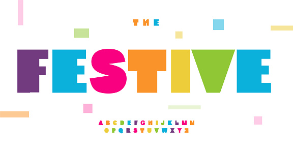 Festive font, bright squared letters with heavy primitive shapes. Cheerful fat alphabet for vibrant typography, logo, headline of art poster and banner. Vector typeset.