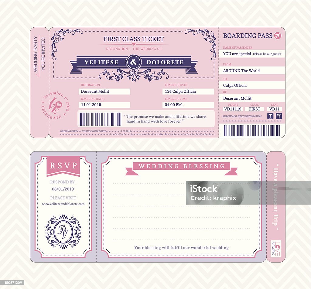 Modèle de mariage Invitation carte d'embarquement - clipart vectoriel de Faire-part de mariage libre de droits