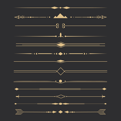 Set tribal golden ethnic arrow dividers, native indian bow boho in doodle style isolated on dark background. Collection borders, decoration elements. Vector illustration