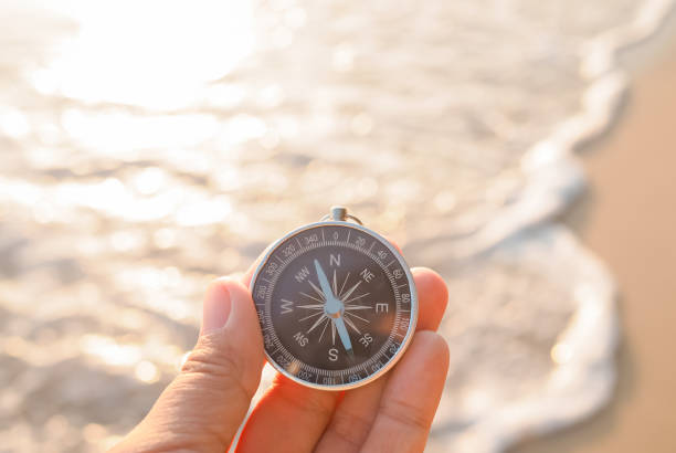 istock Close up hand holding compass with beach background 1806750895