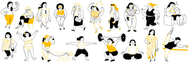 Plus size women lifestyle cartoon Various cute character of plus-size or overweight women, in concept of happy, joyful, confident, healthy, exercise, relax and hobby. Outline, thin line art, hand drawn sketch. plus size woman fashion laughing stock illustrations