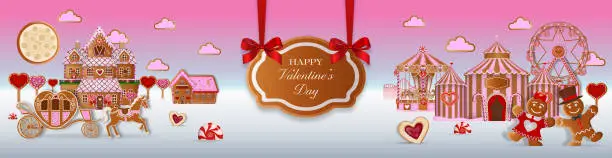 Vector illustration of valentine's day banner with gingerbread landscape. valentine's day background with cookies and candies