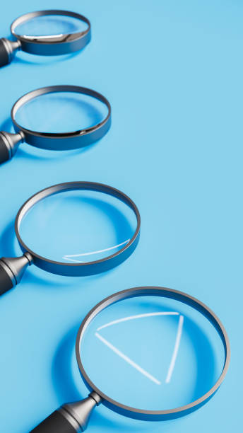 istock Four magnifying glasses on blue stage, search and find theme, 3d rendering 1806783361