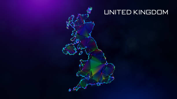 istock Futuristic Sweet United Kingdom Map Polygonal Blue Purple Colorful Connected Lines Dots And Facet Wireframe Network With Text On Hazy Flare Bokeh Background 1806783921