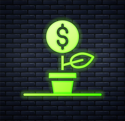 istock Glowing neon Dollar plant icon isolated on brick wall background. Business investment growth concept. Money savings and investment. Vector 1806798985