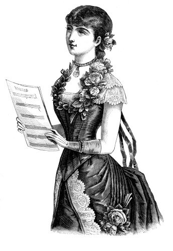 A 19th century illustration of an attractive lady waering a pretty hat perched atop her head and a shawl blouse, over her arm she carries a wicker basket with her hand resting gently upon a picket gate outside a country cottage.