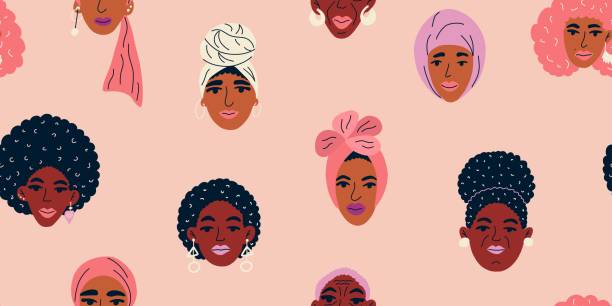 illustrations, cliparts, dessins animés et icônes de motif sans couture diversifié féminin. femmes afro-américaines portant des coiffes ethniques. illustration vectorielle pour le papier, le tissu, l’usine. - backgrounds black seamless textured