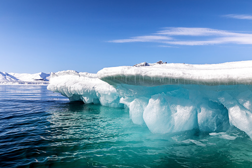 Glacial blue iceberg and sky background. Underside of a snow covered iceberg in Svalbard, a Norwegian archipelago between mainland Norway and the North Pole