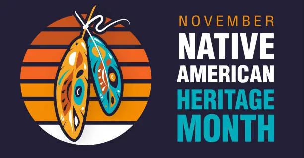 Vector illustration of National Native American Heritage Month banner design poster with sun pattern and feathers