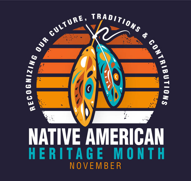National Native American Heritage Month textured round label design with sun pattern and feathers Vector illustration of National Native American Heritage Month round label design with feathers. Fully editable vector eps. Use for advertisements, posters, web banners, leaflets, cards, t-shirt designs and backgrounds. Recognizing the culture, traditions and contributions of Native American People. Royalty free stock image. indigenous-peoples-day stock illustrations
