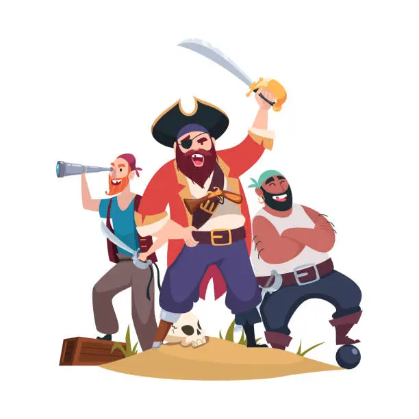 Vector illustration of Pirates. Group of aggressive pirate corsair sailors with weapons standing in action poses. Vector template