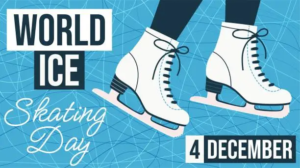 Vector illustration of World Ice Skating Day illustration. 4 December. Cartoon vector illustration of white skates on blue background