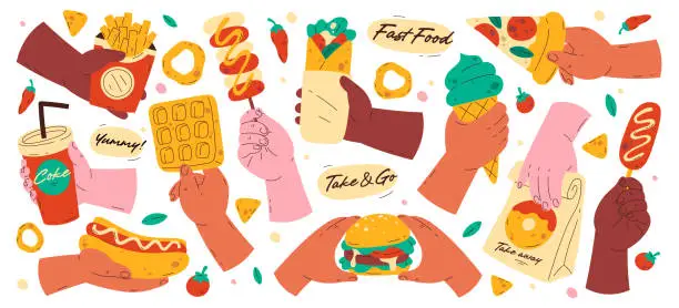 Vector illustration of Human hands holding different street fast food, refreshing drinks and sweet dessert isolated set