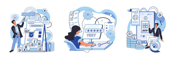 Application testing metaphor. Vector. Software testing, defensive line safeguarding from unexpected breakdowns Application testing metaphor. Vector illustration. Application testing, refining process for well-oiled software mechanism App test, mock drill that prepares app for real-world scenarios Software big computer desk stock illustrations