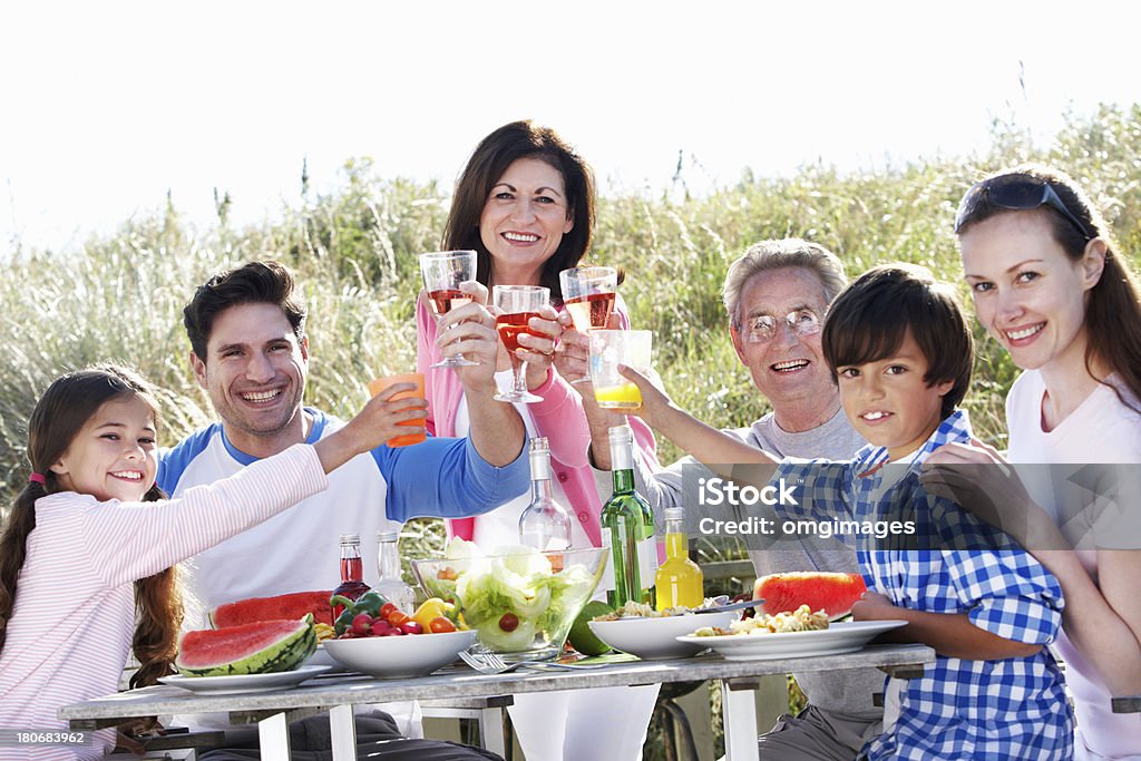 Multi Generation Family Having Outdoor Barbeque Multi Generation Family Having Outdoor Barbeque Smiling To Camera 20-29 Years Stock Photo