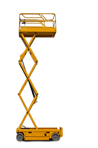 A large yellow extended  scissor lift platform over white.