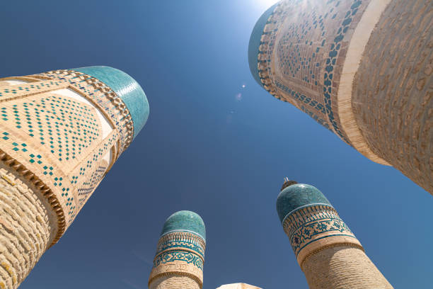 Old Madrasah Chor Minor in Bukhara with blue domes. View from the roof on wide angle lens