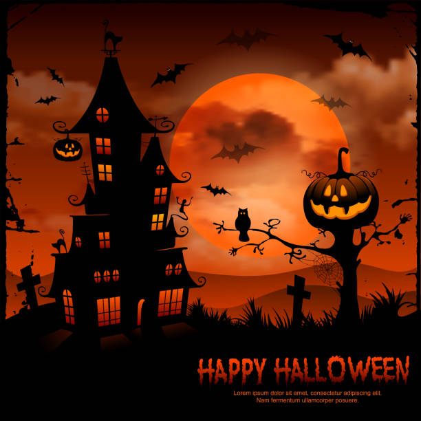 Halloween scene with pumpkin and haunted house Halloween night background with pumpkin, haunted house and full moon. haunted house stock illustrations
