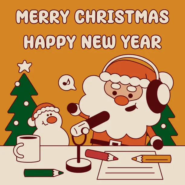 Vector illustration of A cute Santa Claus radio host or podcaster is producing a radio show or livestream to wish you a Merry Christmas and a Happy New Year